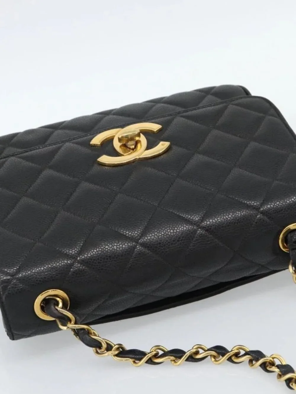 CHANEL Chain Matelasse Shoulder Bag Grained Calf Skin Black Gold CC Auth 186150V